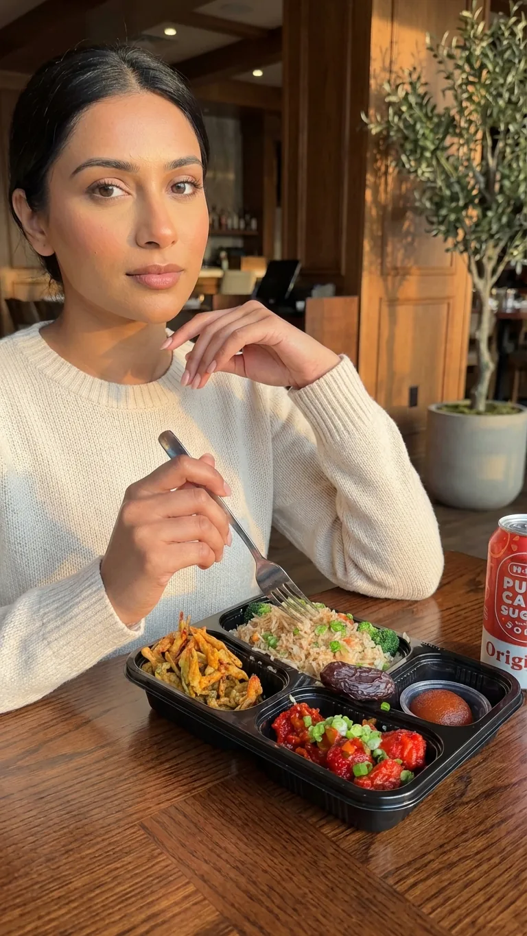 An individually boxed lunch - fried rice, chilli chicken, pakora, a date and chutney