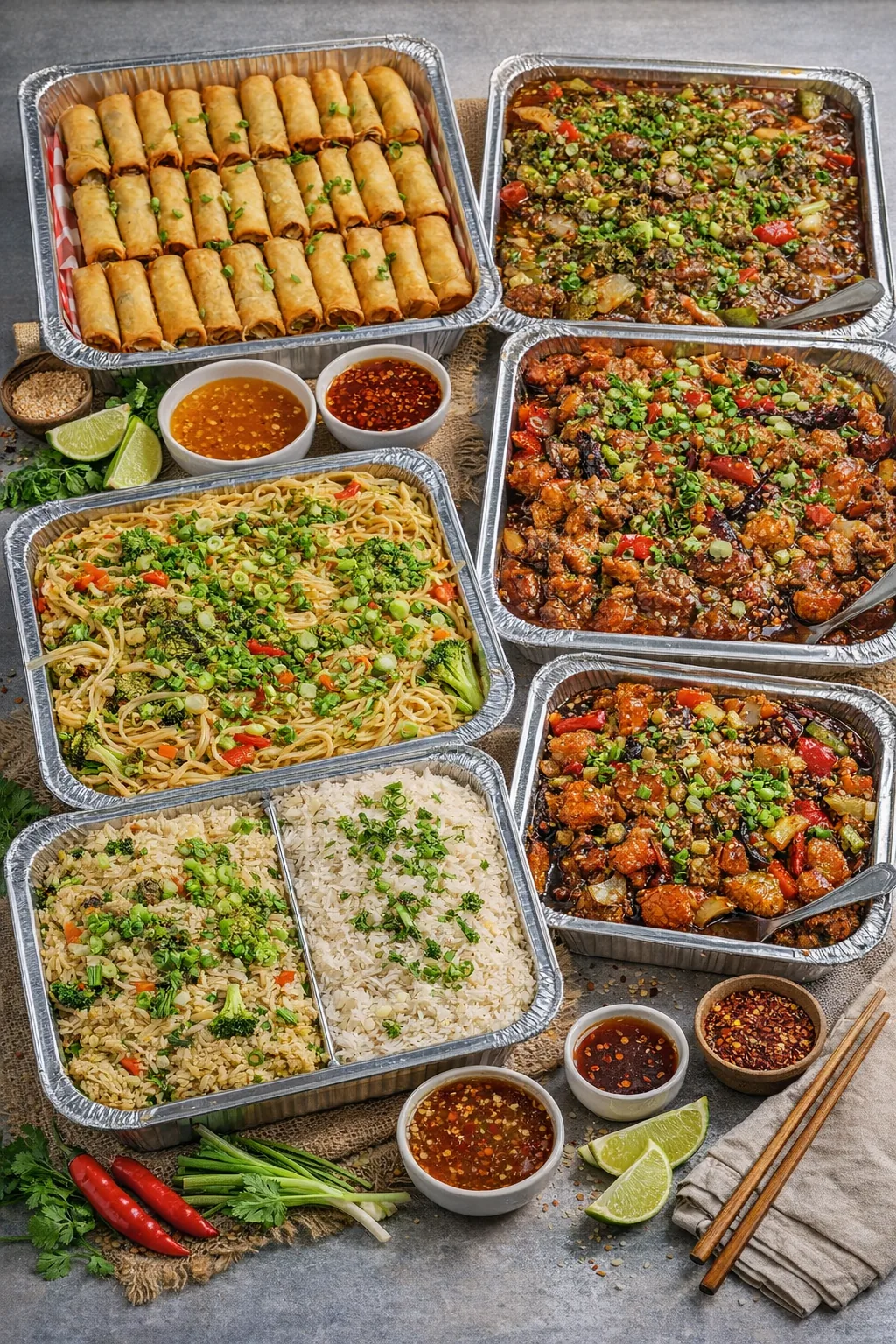 Party trays of spring rolls, noodles, fried rice and three saucy Indo-Chinese dishes
