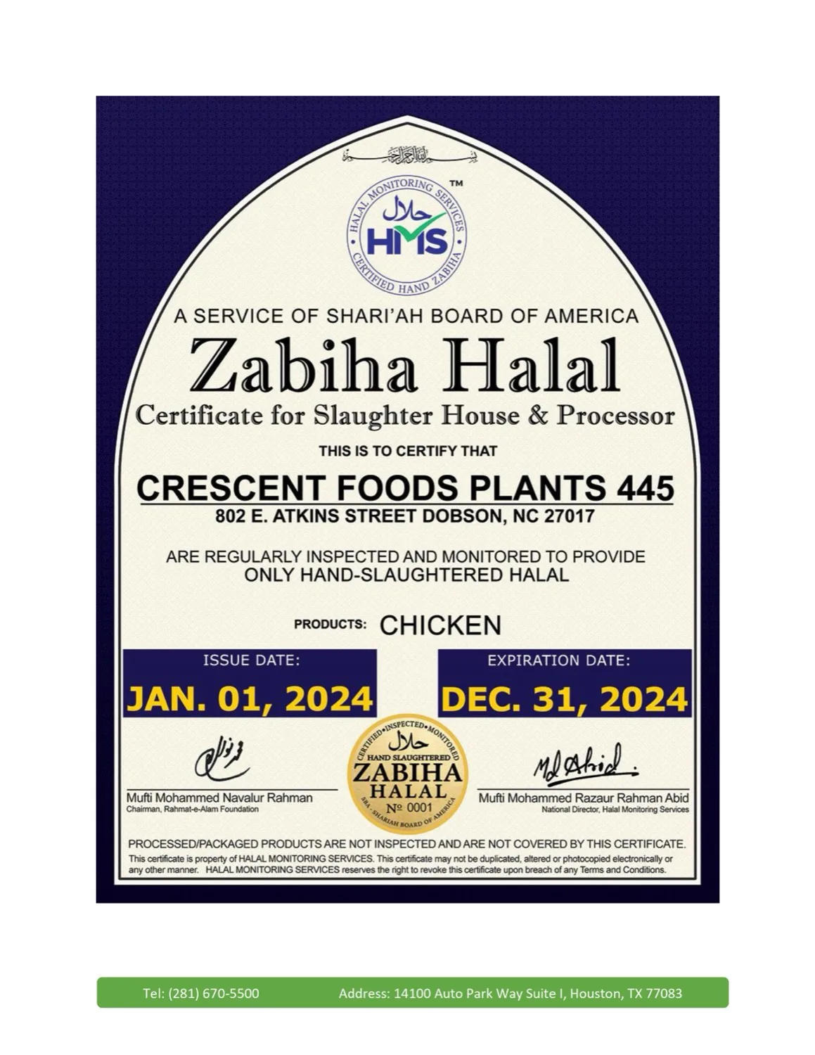 Crescent Foods Plant 445 Zabiha Halal certificate (chicken)